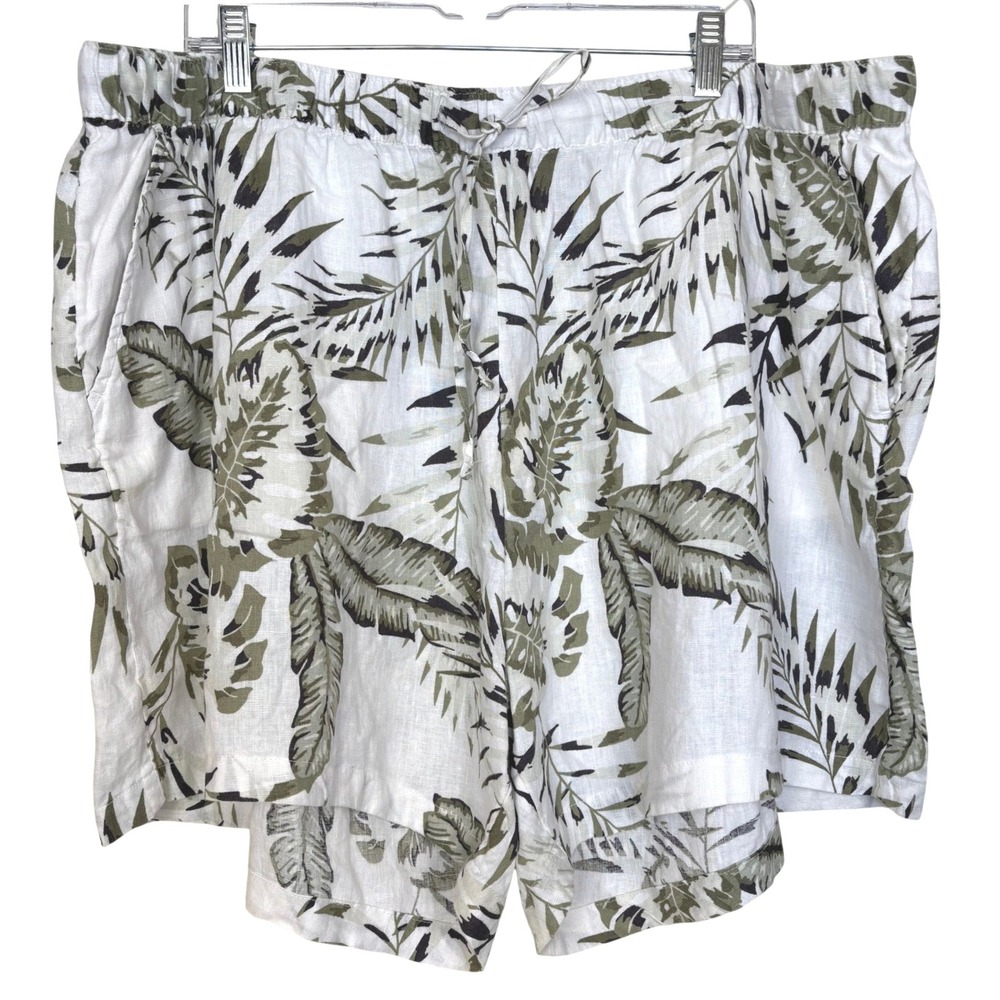 C&C California Tropical Palm Print 100% Linen Shorts 3X White Green Coastal NWT